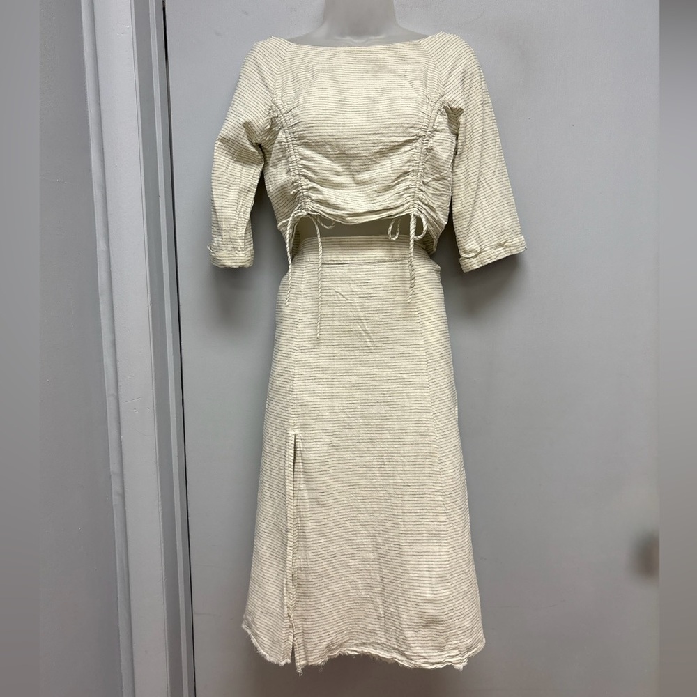 ZARA Basic Z1975 Denim 2-Piece Set | Cream Striped Ruched Top & Midi Skirt